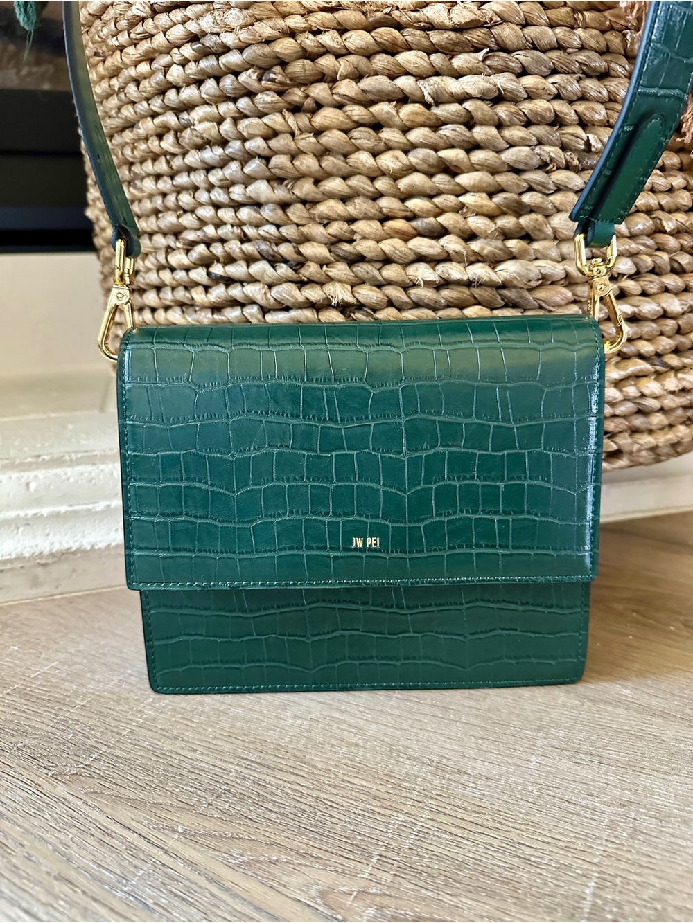 JW PEI Mini Flap Green Croc-Embossed Crossbody Bag with Gold Hardware